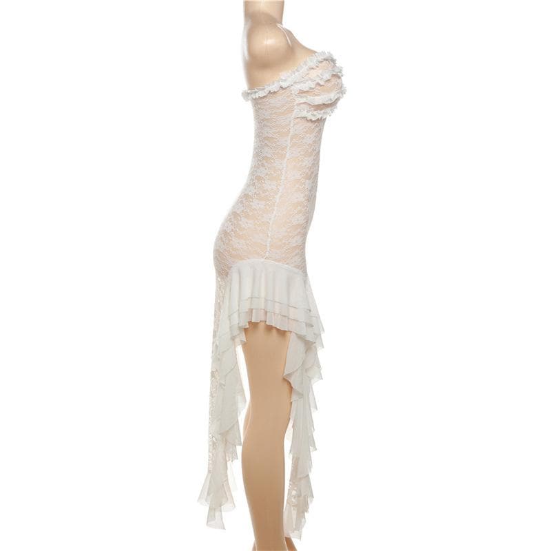 Lace see through ruffle backless slit tube midi dress 3