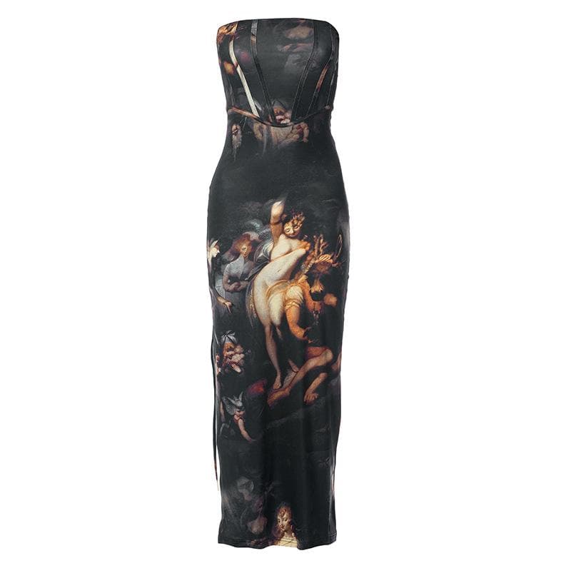 Slit abstract contrast bustier backless tube maxi dress 2