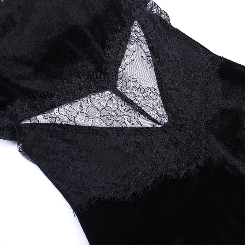 Velvet Lace Insert Waist Spaghetti Strap High Split Midi Dress 6