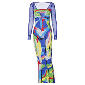 Long sleeve contrast abstract mesh midi dress 9