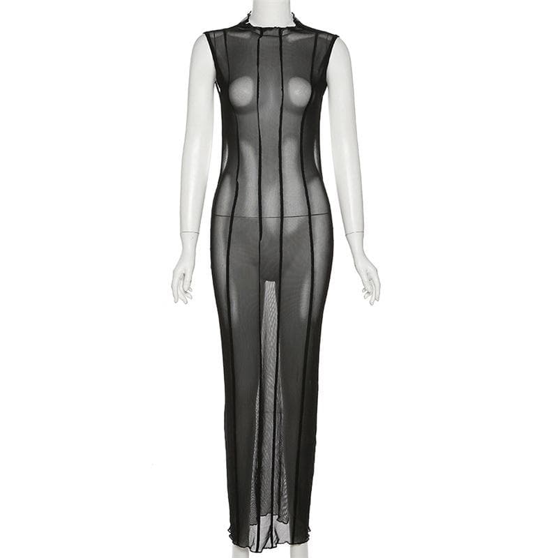 Sleeveless solid sheer mesh see through backless midi dress 8