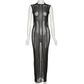 Sleeveless solid sheer mesh see through backless midi dress 8