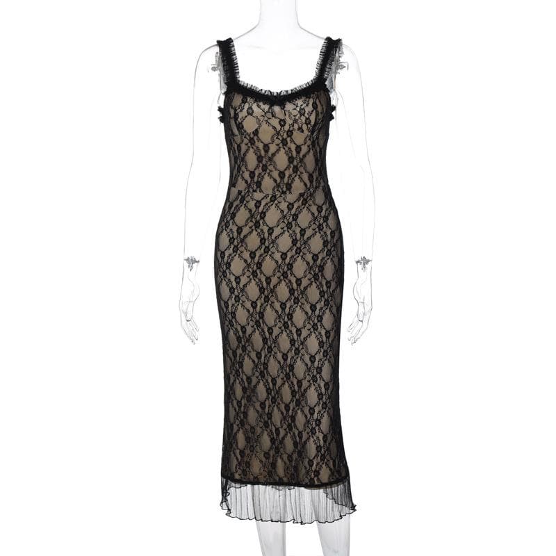 Lace hem contrast sleeveless low cut backless midi dress 9