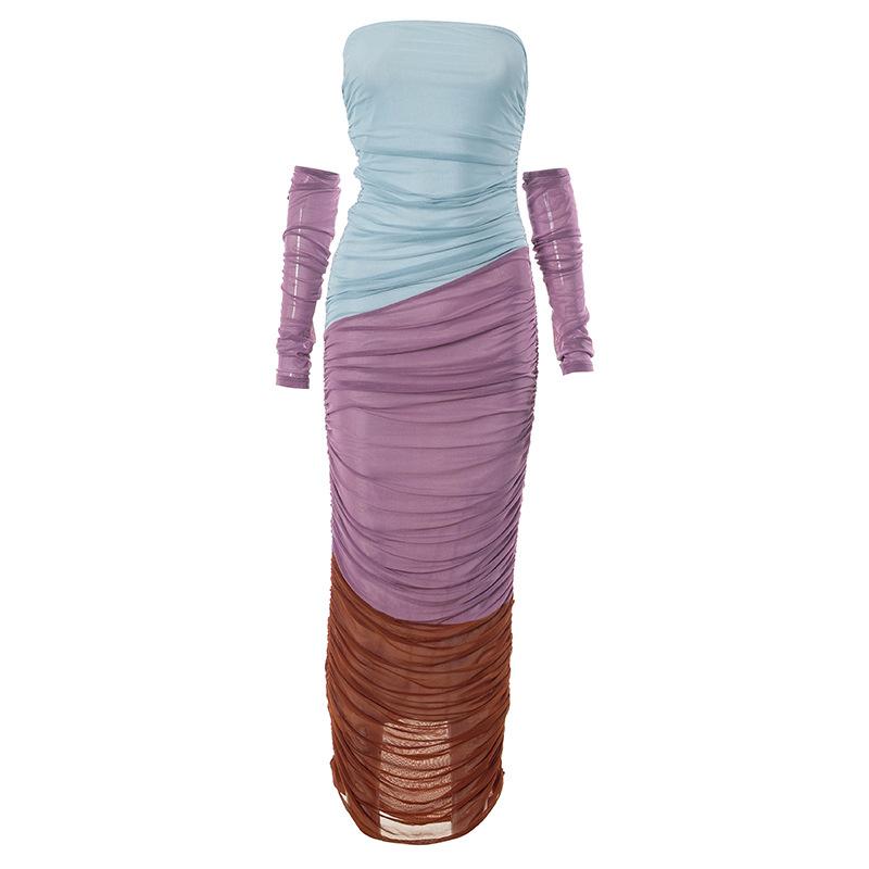 Mesh ruched contrast patchwork off shoulder maxi tube dress 2