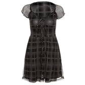 Mesh short sleeve plaid A line ruffled dress 2