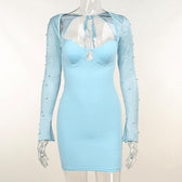 Long sleeve solid hollow out slit ruched beaded self tie backless mini dress 4
