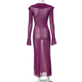 Slit flared sleeve sheer mesh see through u neck low cut maxi dress 6