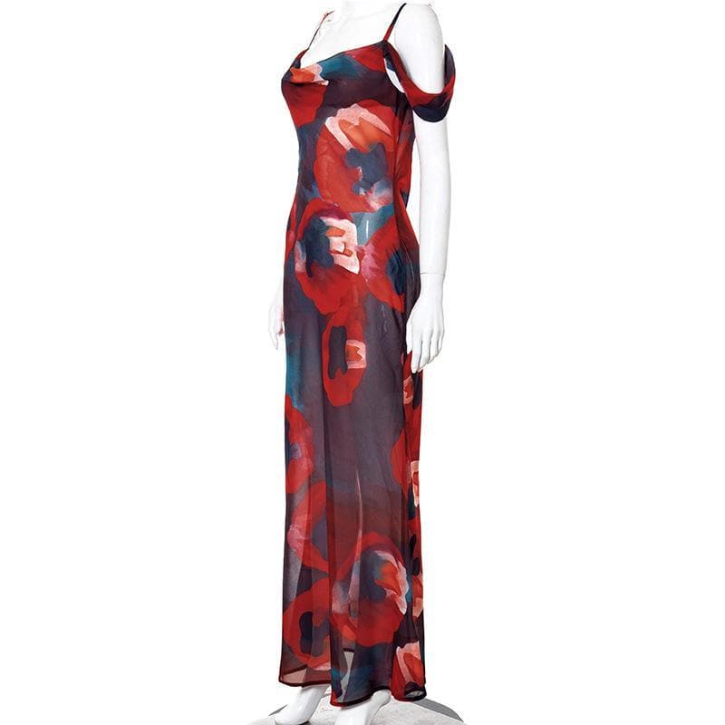 Off shoulder see through chiffon print maxi dress 3