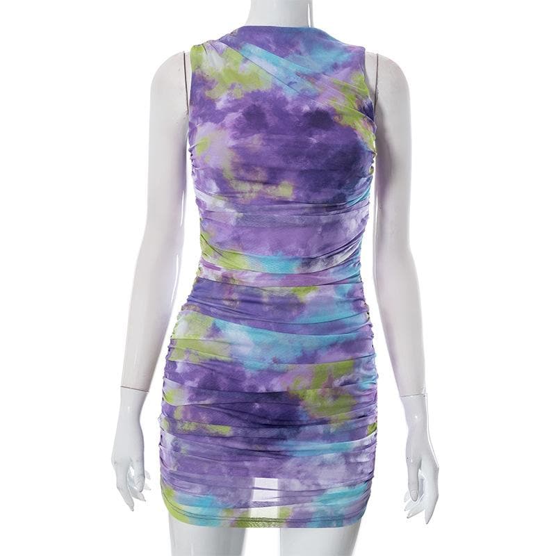 Tie Dye Sleeveless Crew Neck Ruched Mesh Bodycon Mini Dress 6