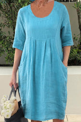 Scoop Neck Short Sleeve Pocket Linen Midi Dress