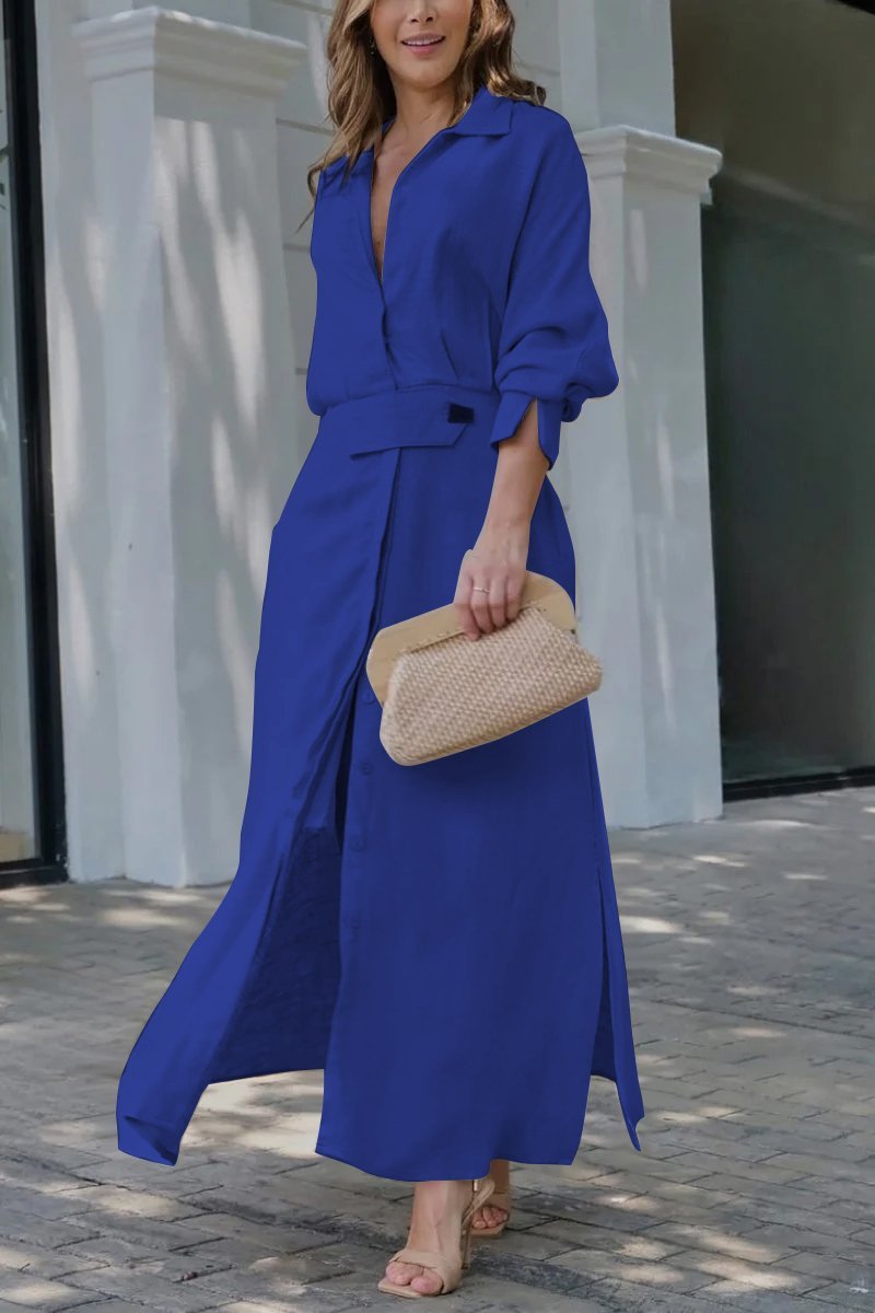 Collared Button Front Belted Long Sleeve Maxi Shirt Dress