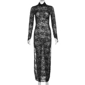 Lace long sleeve turtle neck see through slit gloves maxi dress 8