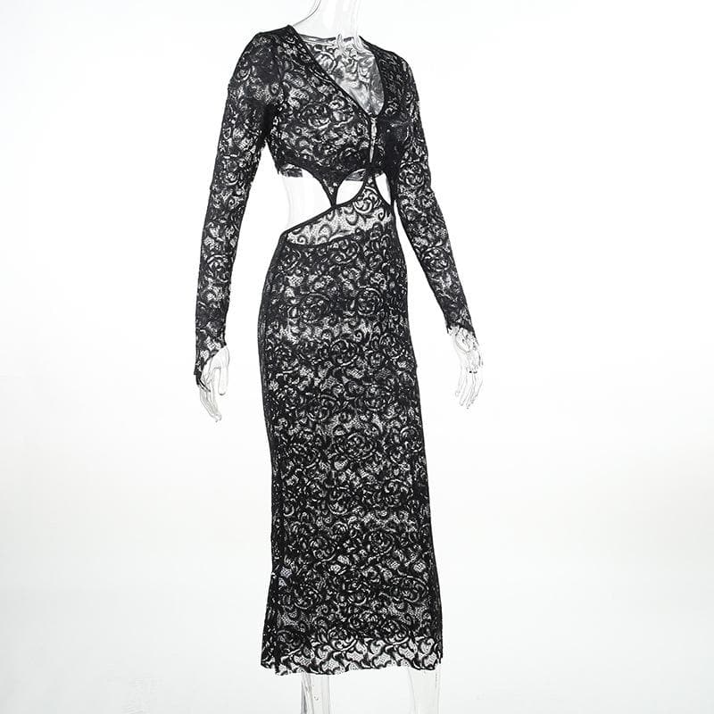 Lace gloves long sleeve button hollow out midi dress 3