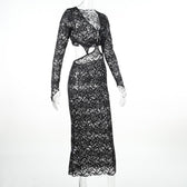 Lace gloves long sleeve button hollow out midi dress 3
