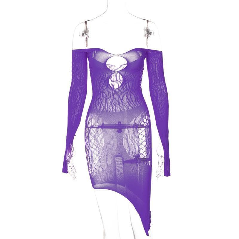 Long sleeve off shoulder fishnet see through dress