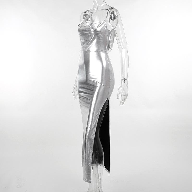 Cowl neck slit backless metallic cami midi dress 3