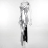 Cowl neck slit backless metallic cami midi dress 3