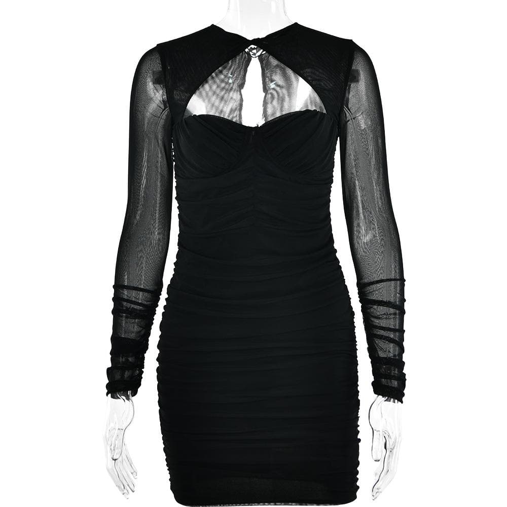 Hollow out ruched mesh long sleeve zip-up button mini dress 4