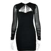 Hollow out ruched mesh long sleeve zip-up button mini dress 4