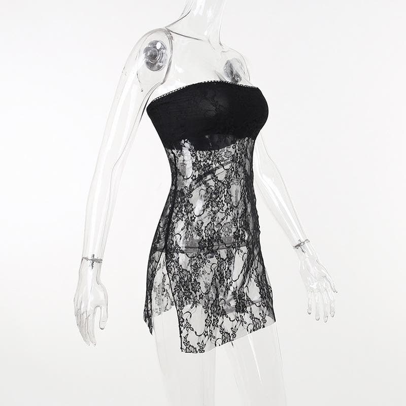 Strapless Sheer Floral Lace Side Slit Tube Mini Dress 3