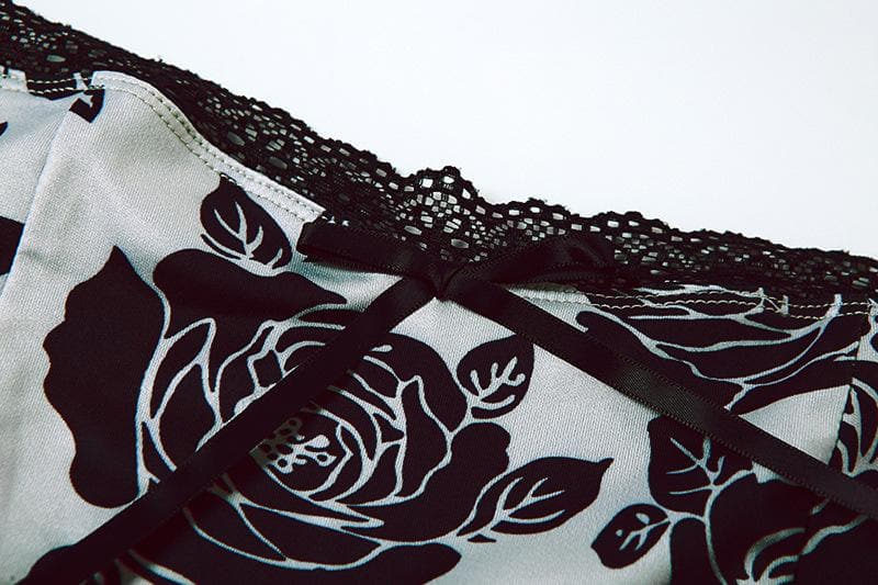 Rose print lace hem contrast spaghetti strap mini dress 6