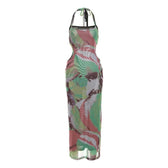 Halter self tie contrast print sheer mesh backless hollow out maxi dress 8