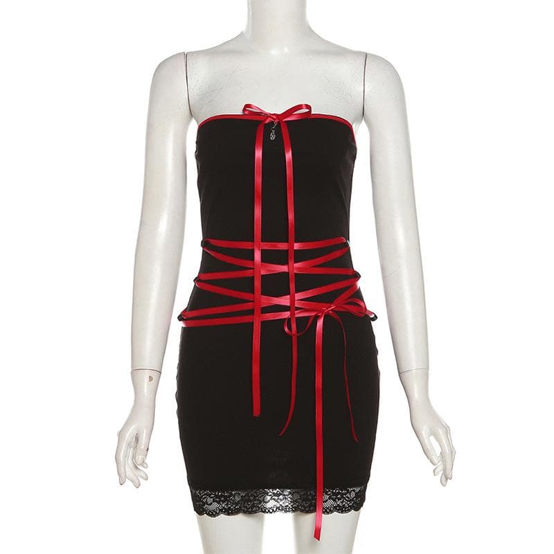 Lace up contrast lace hem bowknot backless tube mini dress 2