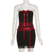 Lace up contrast lace hem bowknot backless tube mini dress 2
