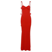 Flower applique backless solid v neck ribbon cami maxi dress 2
