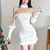 Feather gloves backless patchwork tube mini dress 4