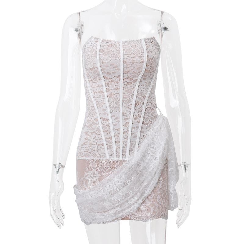 Irregular ruched backless lace up bustier tube mini dress 5