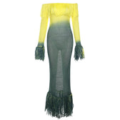Crochet tassels off shoulder contrast long sleeve maxi dress