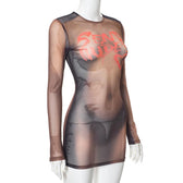Long sleeve body print sheer mesh crewneck mini dress 7