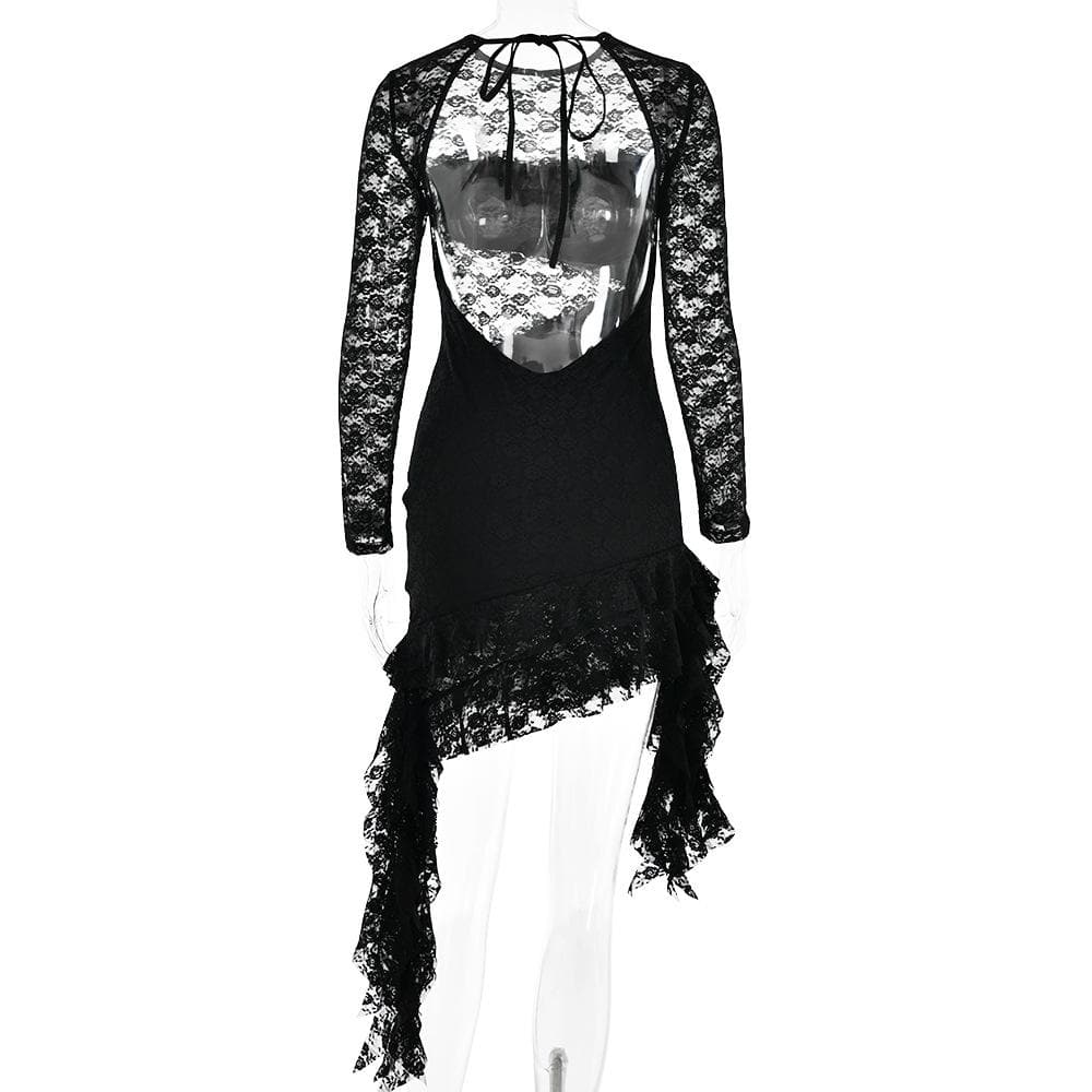 Lace backless solid ruffle long sleeve irregular mini dress 5