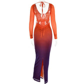 Mesh gradient long sleeve self tie backless slit maxi dress 5