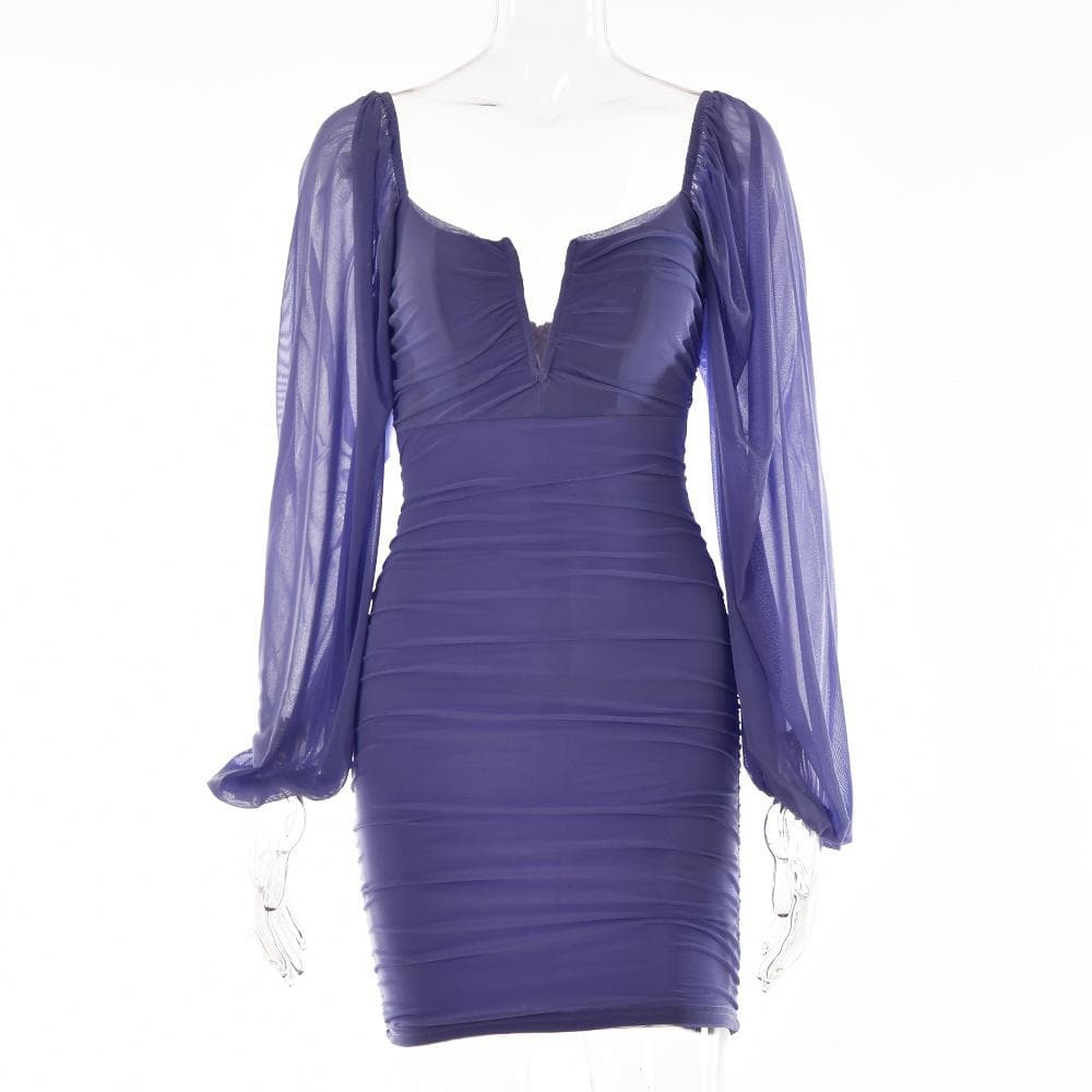 Mesh solid long sleeve ruched notch neck zip-up mini dress 15