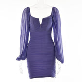 Mesh solid long sleeve ruched notch neck zip-up mini dress 15