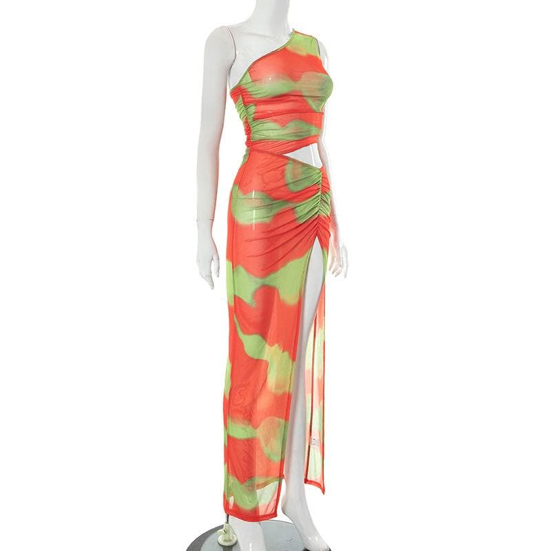Irregular ruched slit sheer mesh see through tie dye one shoulder maxi dress 3