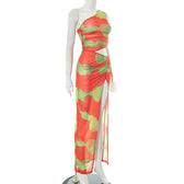 Irregular ruched slit sheer mesh see through tie dye one shoulder maxi dress 3