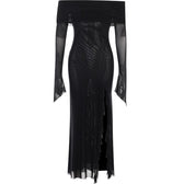 Off shoulder slit sheer mesh see through long sleeve maxi dress 4