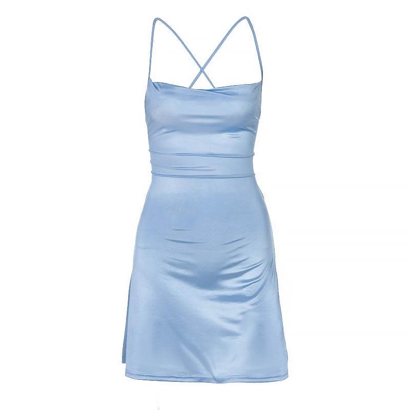 Satin Cowl Neck Spaghetti Strap Cross Back Tie Waist Mini Dress