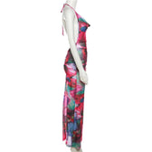 Ruched halter sheer mesh see through backless cowl neck contrast maxi dress 3