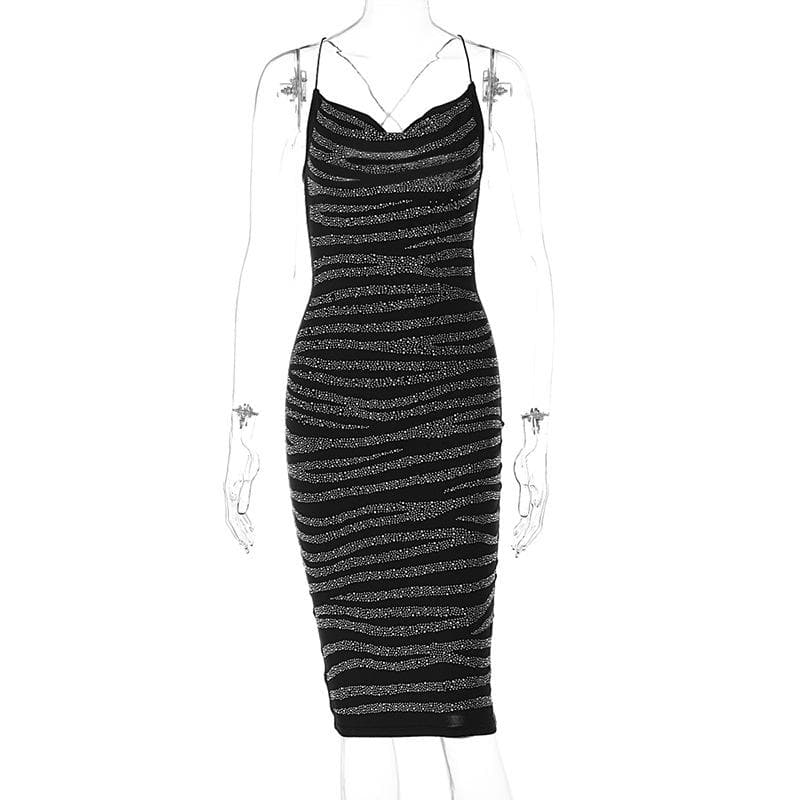 Beaded cowl neck cross back contrast spaghetti strap midi dress - View 3
