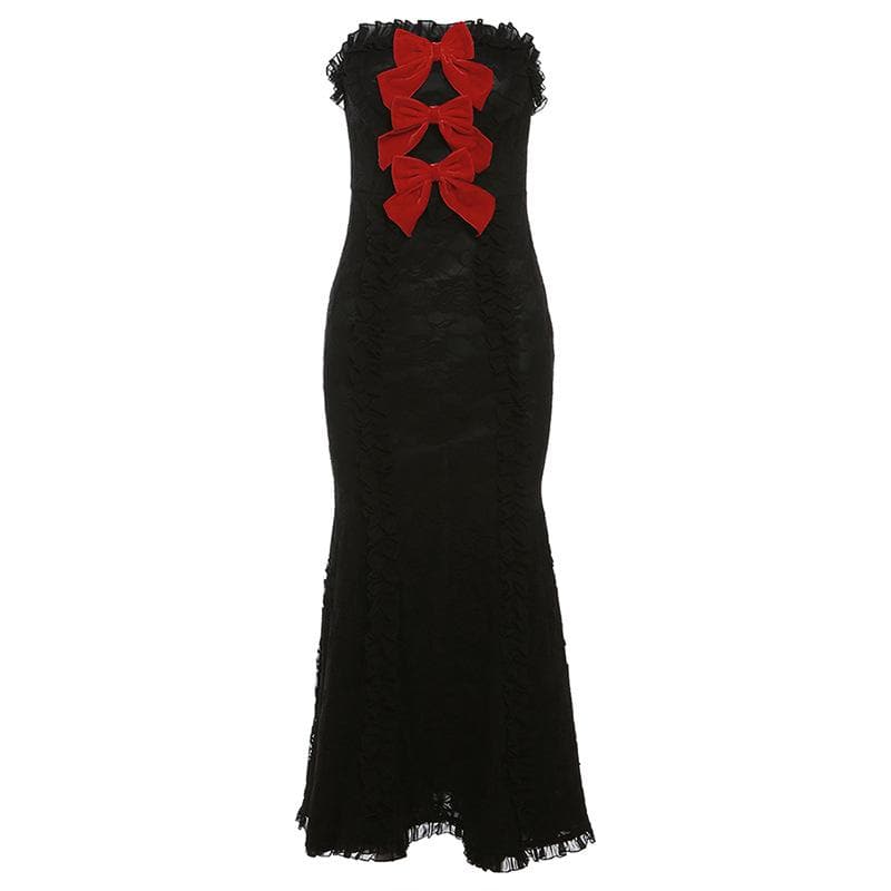 Lace contrast bowknot zip-up ruffle backless tube maxi dress 5