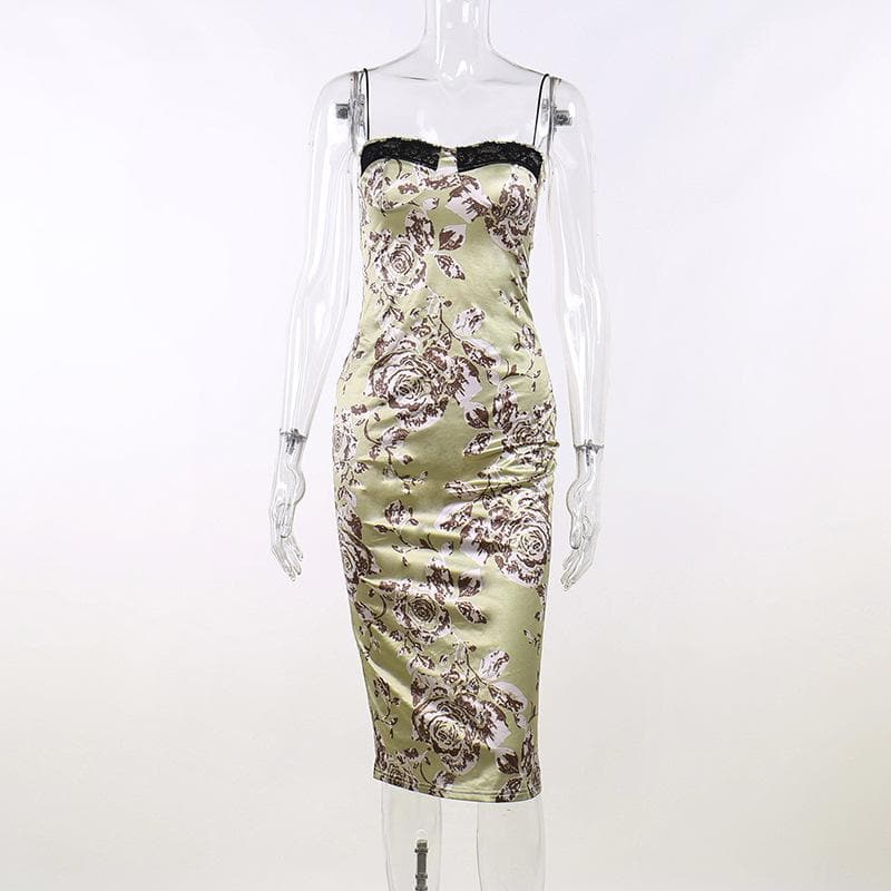 Flower print contrast backless lace hem zip-up midi dress