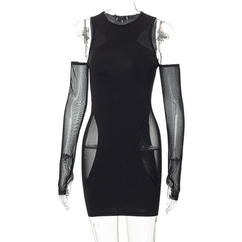 Mesh sleeveless solid gloves crewneck mini dress 8