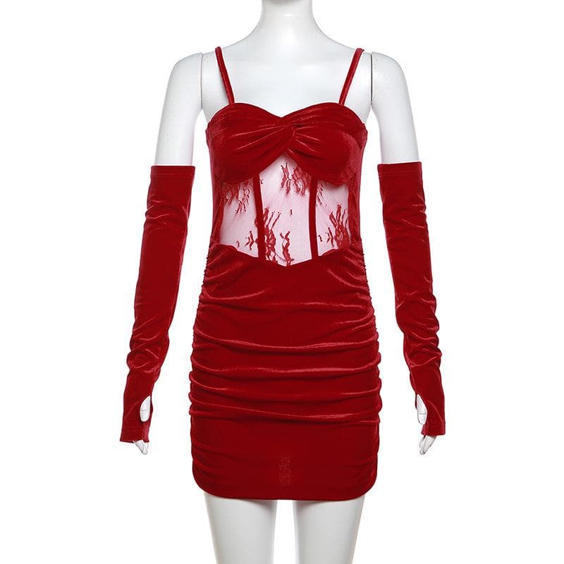 Velvet Twist Bust Lace Mesh Waist Ruched Cami Mini Dress with Gloves 5