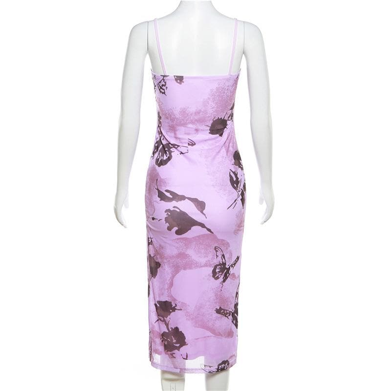 Mesh butterfly pattern slit backless contrast cami midi dress 4