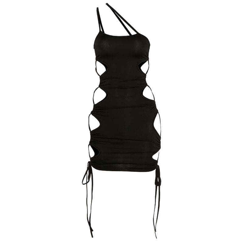One Shoulder Side Cut Out Drawstring Ruched Bodycon Mini Dress 2