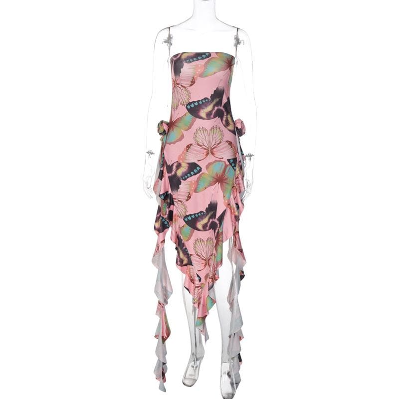 Butterfly print ruffle ribbon flower applique contrast backless maxi dress 4